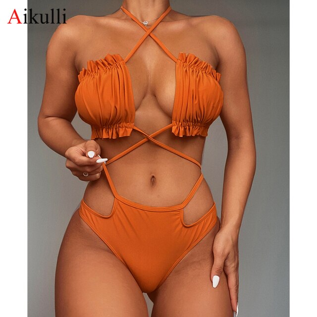 2022 Brown Ruffled  Swimsuit Women Sexy Cross Halter Two Piece Bikinis Set Swimwear Female Bathing Suits Beachwear Biquini