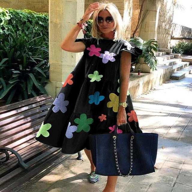 2023 New Summer Boho Dress Women Solid Color Short Sleeve Ruffle Midi Dress Women Casual Holly Beach Party Dress