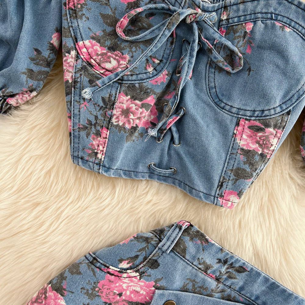 Denim fashion suit female hot girl chic suspender top two-piece  waist irregular slit skirt summer