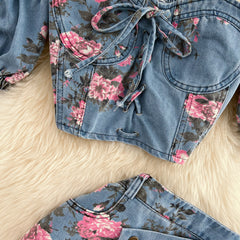 Denim fashion suit female hot girl chic suspender top two-piece  waist irregular slit skirt summer