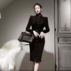 Fashion Women Vintage Single Breasted Ruffle Midi Party Dress Elegant Temperament Belt Black Skinny Bodycon Female Pencil Dress