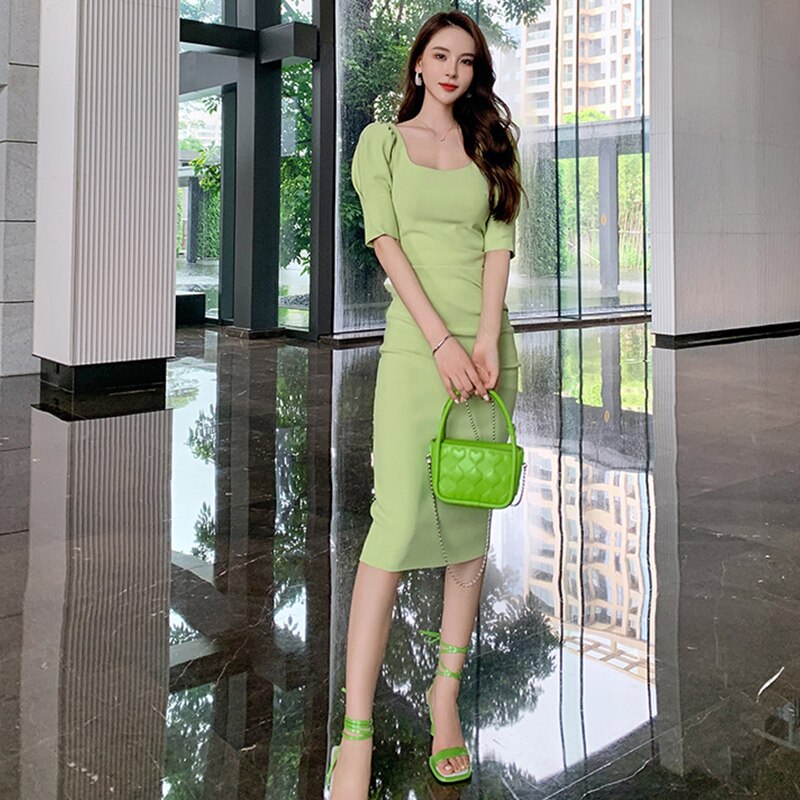 French Style Vintage Square Collar Puff Sleeve Midi Party Dress Ladies Elegant Sexy Backless Bodycon Female Split Pencil Dress