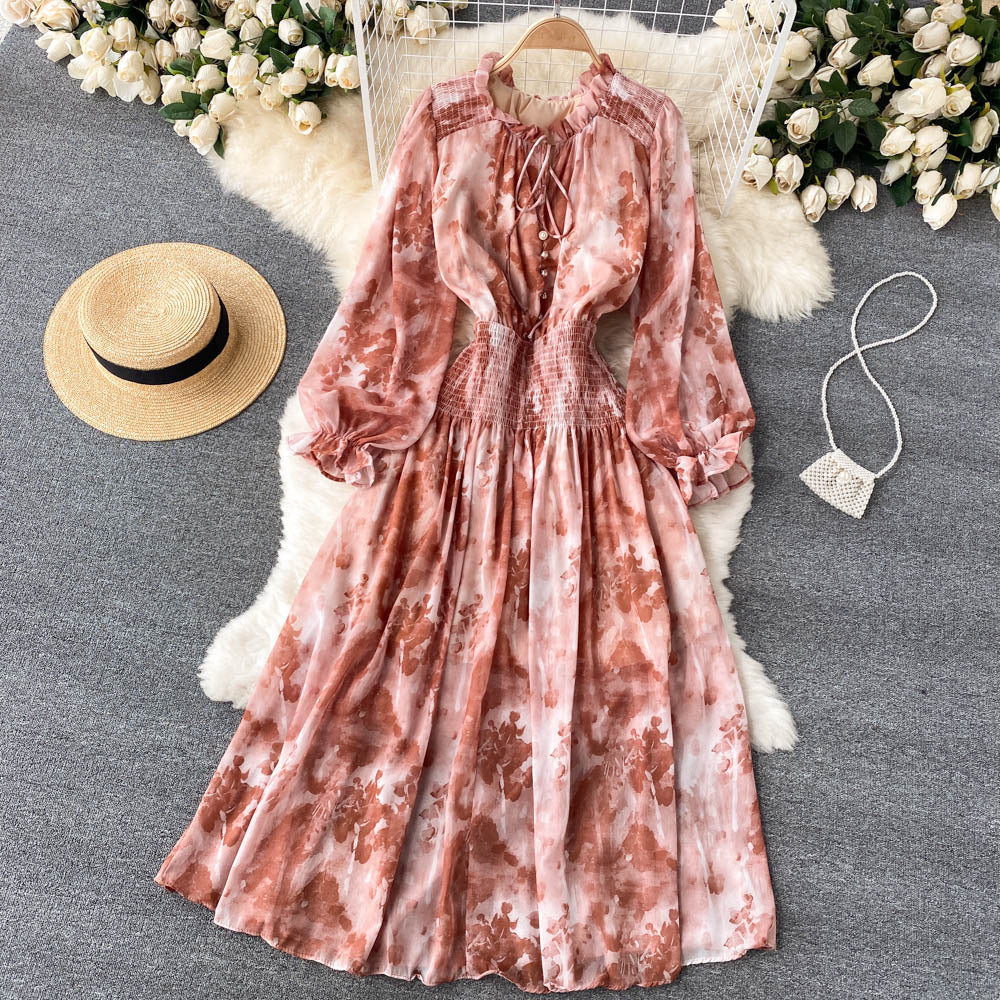 Celebrities' high-end women's clothing elegant printed French dress with slim waist and puff sleeves super  big  long skirt