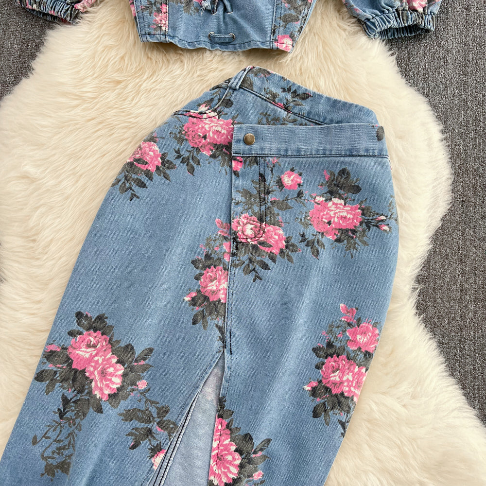 Denim fashion suit female hot girl chic suspender top two-piece  waist irregular slit skirt summer