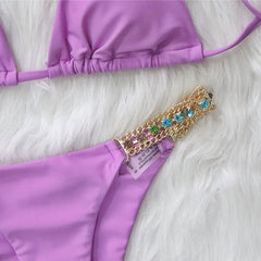 Europe and the United States 2022 new sexy metal accessories rhinestone solid color bikini women's split swimsuit strappy swimsuit wholesale