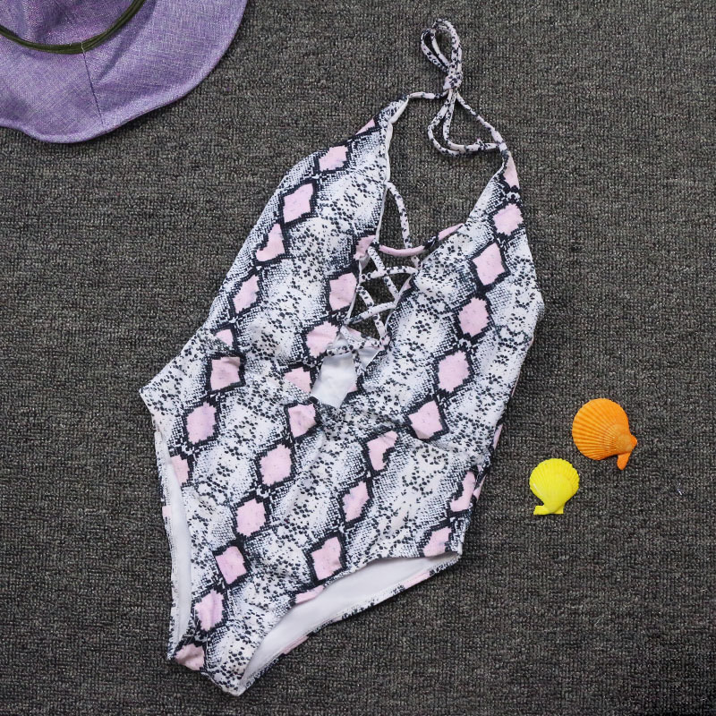 Bikini Swimwear European and American Fashion Snakeskin Leopard Print Belly Strap One-Piece Swimsuit