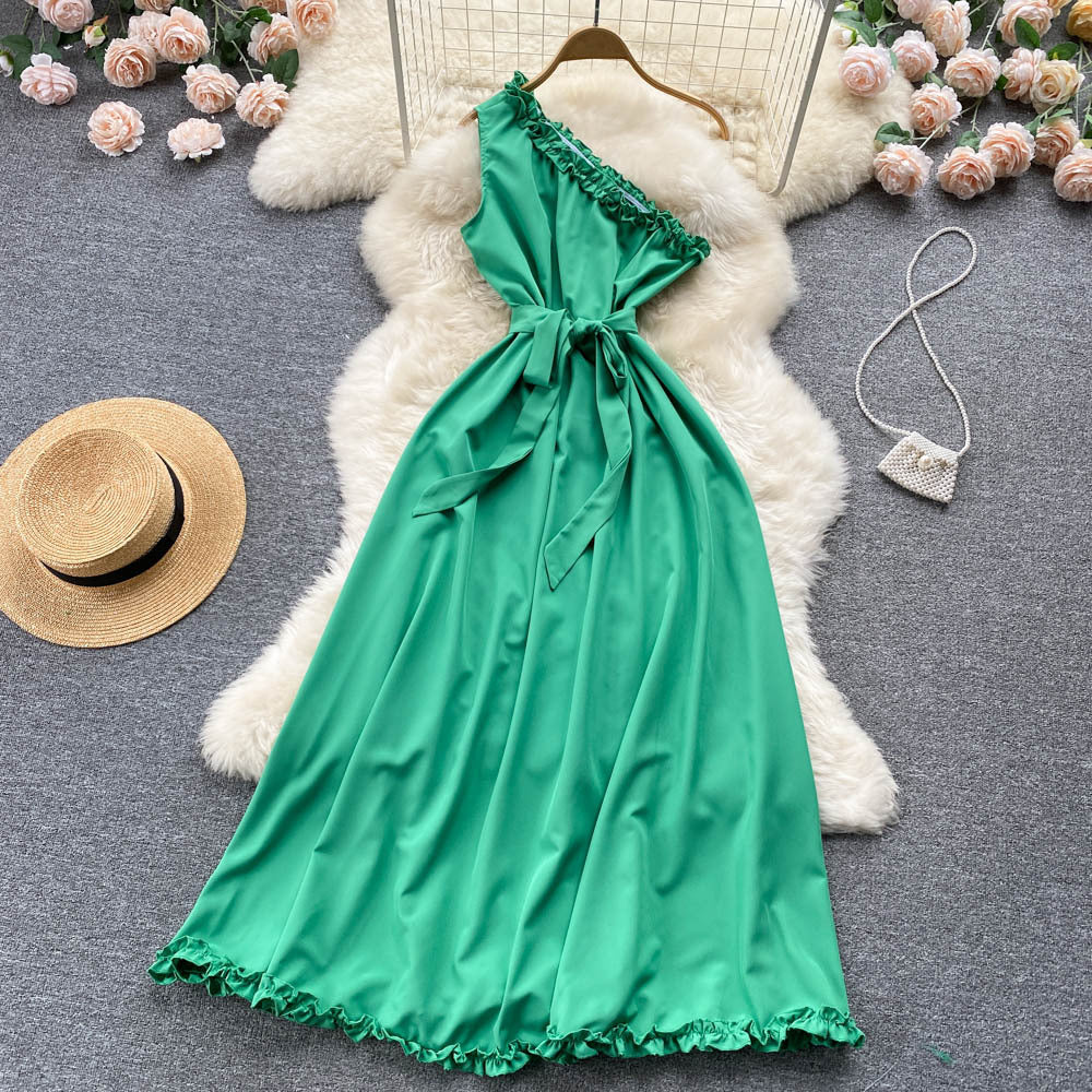 Light mature off shoulder sleeveless dress lace up waist slim long dress banquet dress