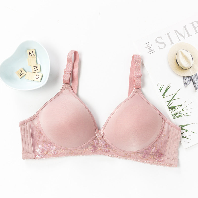 Plus Size Women's Solid Color Lace Flower Bras Gathering No Steel Rings Comfortable Thin Underwear