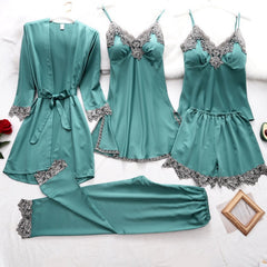New ice silk pajamas women's sexy nightdress nightgown lace five-piece set  silk spring and summer home clothes