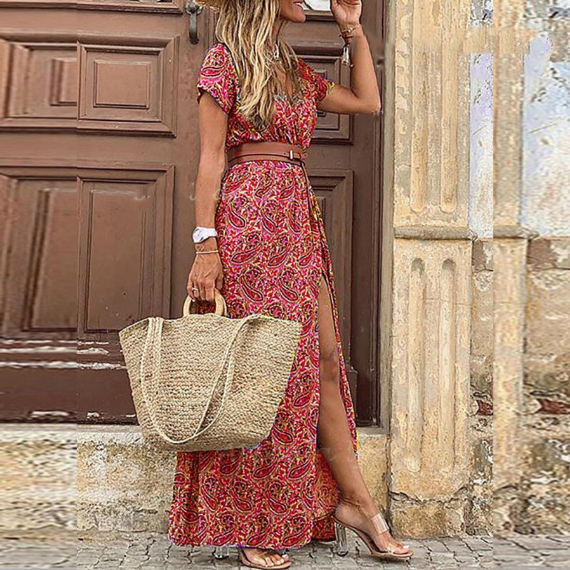 2022 Summer Boho Women's Long Dress V Neck Short Sleeve Floral Printed Beach Dresses Female Elegant Vintage Dress with Belt