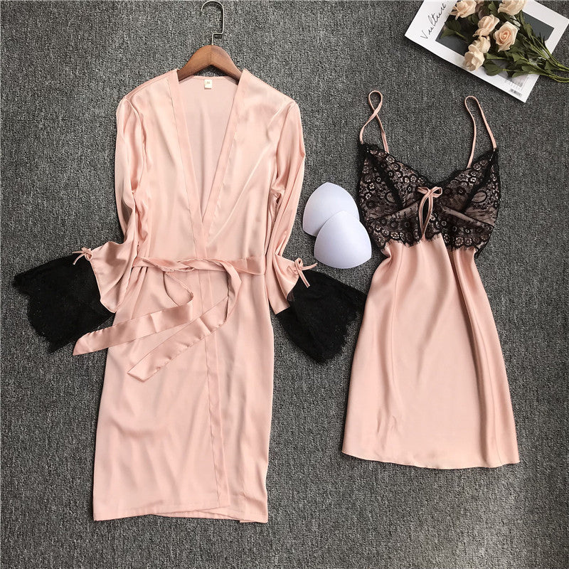 women Sleepwear set summer Ice silk Satin Pajamas 2-piece set  V-Neck Lace Sling nightdress and Bathrobe set female homewear solid color casual Pajama