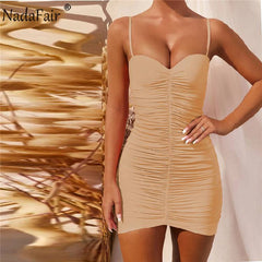 Nadafair Ruched Sleeveless Women's Dress Club Party Night Spaghetti Strap Backless Solid Mini Wrap Bodycon Summer Dress