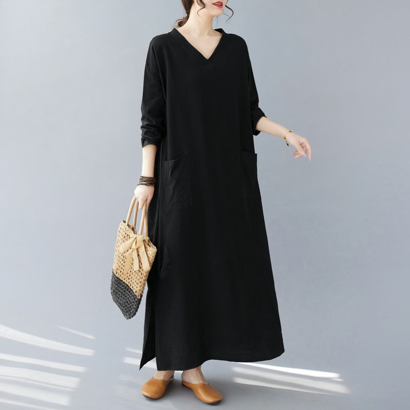 Plus-size women's clothing 2023 new fat MM retro cotton and linen V-neck plus fertilizer and enlarged  long-sleeved dress