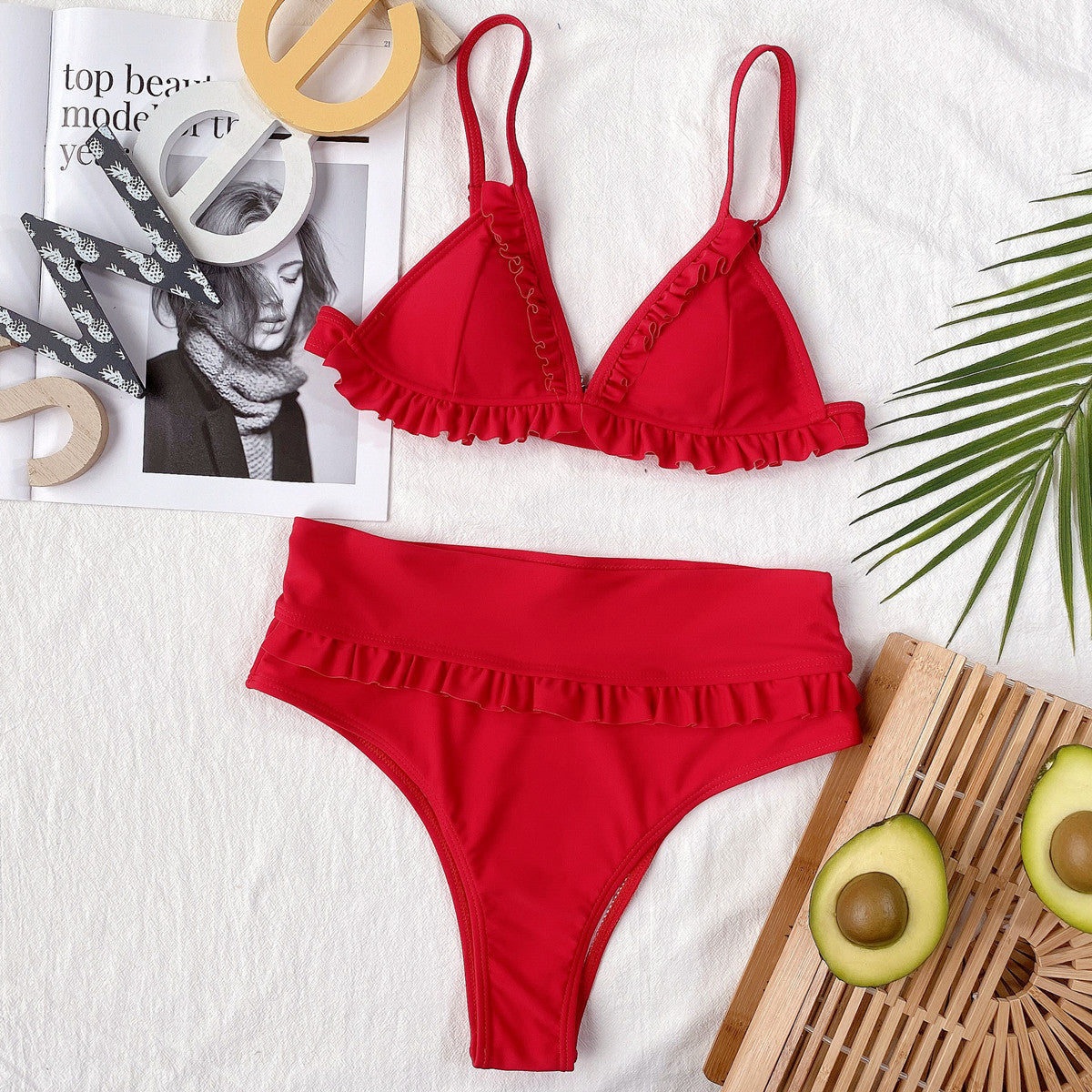 swimsuit ladies split swimsuit sexy ruffled solid color high waist bikini