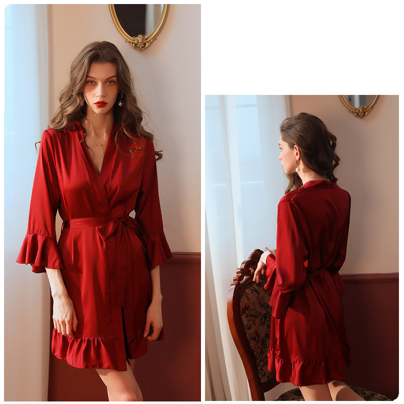 Ladies sexy pajamas  desire simulation silk lotus  cuff cardigan robe nightgown