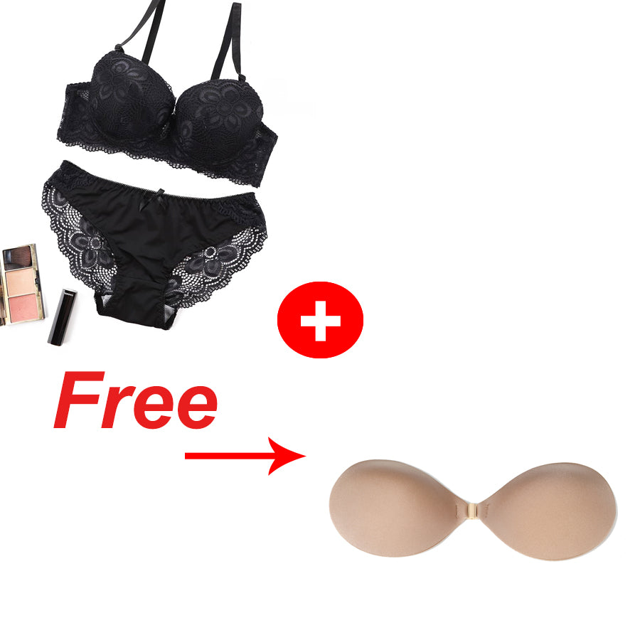 Ladies Underwear Set Sexy Full Lace With Steel Ring Massage  Two-Breasted Bra