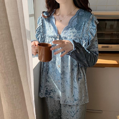 Gold velvet cardigan pajamas women's spring and autumn style 2023 new light  lace solid color cross-border home clothes can be worn outside