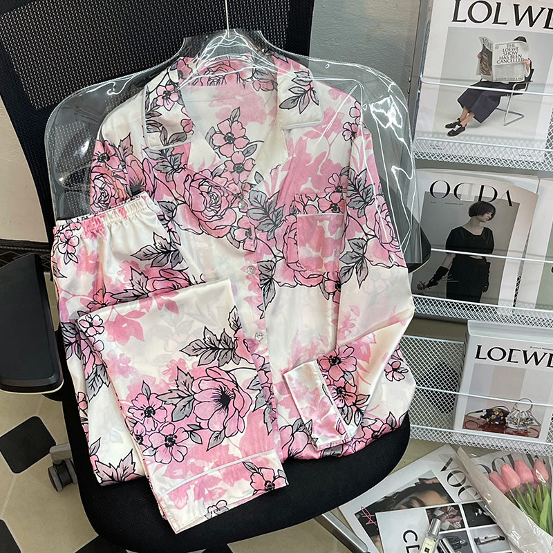 Summer Ladies Comfortable Luxurious Pajamas Long Sleeve Homewear Simulated Silk Suit