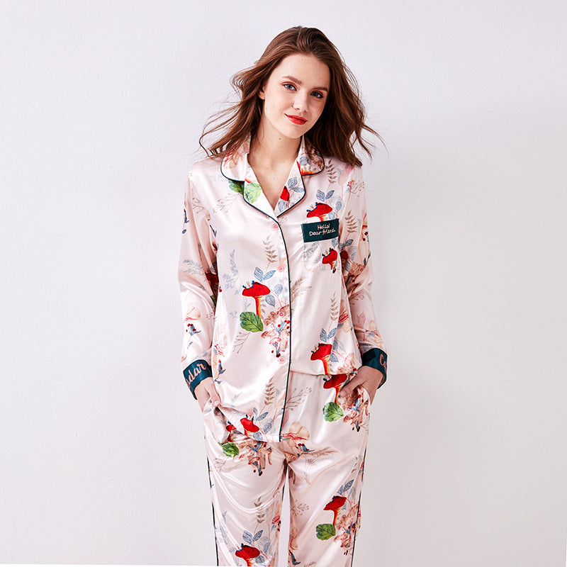 Spring and Autumn Silk Long Sleeve Pajamas Women Korean Casual Simulated Silk Pajamas Two-piece Set Thin Homewear Set