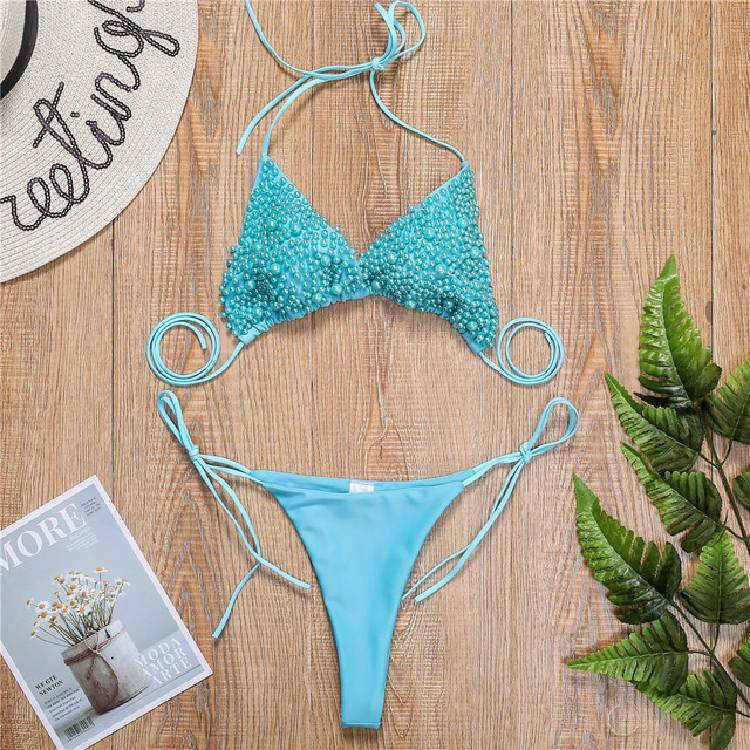 Halter Mini Bikini Female Swimsuit Women Swimwear Two pieces Bikini set Luxury Pearl Bather Bathing Suit Swim Lady