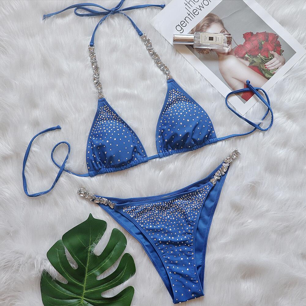 European and American spring and summer new solid color sexy hot diamond strapless backless seaside holiday beach low-cut suspenders briefs swimsuit
