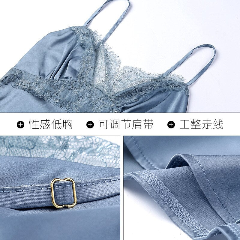 M-XL Women's Sexy Lingerie Set Deep V Satin Lace  Smooth Nightdress Ladies Ice Silk Sleepwear Slip Dress   Nightwear