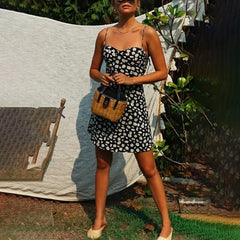 فستان قصير مثير بحمالات سباغيتي للشاطئ مطبوع عليه زهور بدون أكمام فساتين بدون ظهر للسيدات غير رسمية بوهو فيستدوس موهير 