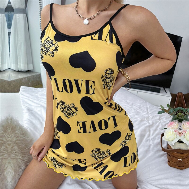 Summer Women Sexy Nightgowns Pajama Slip Cute Heart Print Homewear Sleepdress  Backless Ladies Intimates Nightdress Lingerie