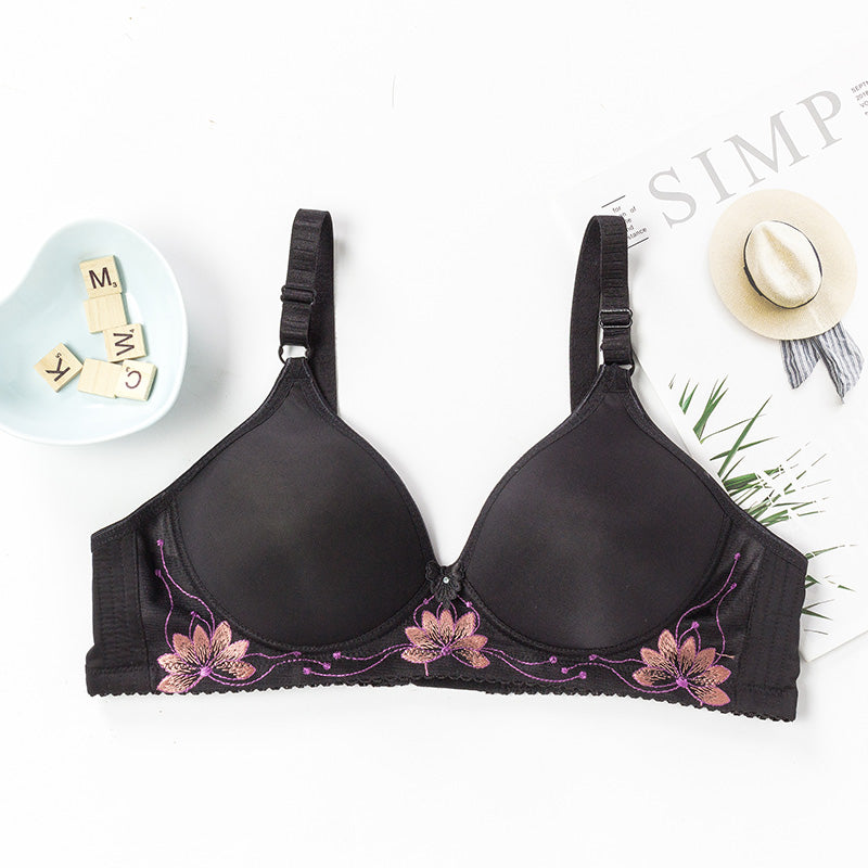 Plus Size Women's Solid Color Lace Flower Bras Gathering No Steel Rings Comfortable Thin Underwear