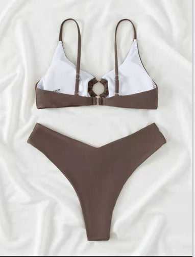 European and American hot style split solid color bikini high waist gather small  women's swimsuit