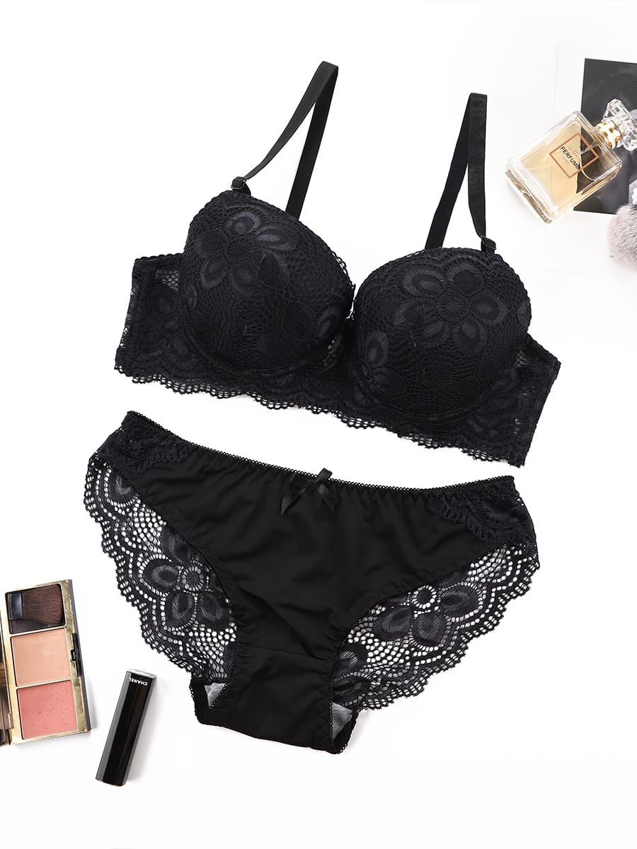 Ladies Underwear Set Sexy Full Lace With Steel Ring Massage  Two-Breasted Bra