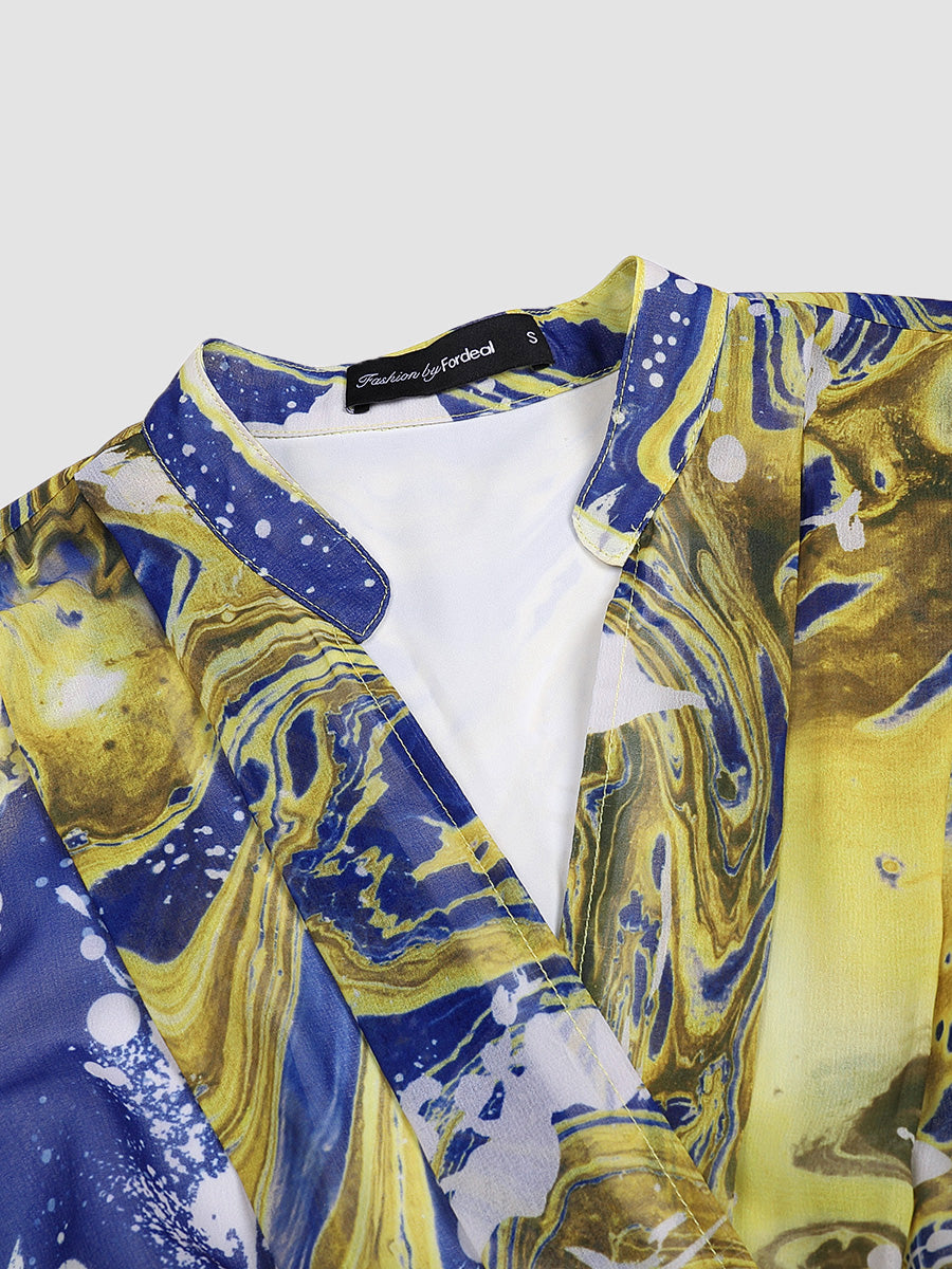 Yellow Printed Rendering Waist  Dress