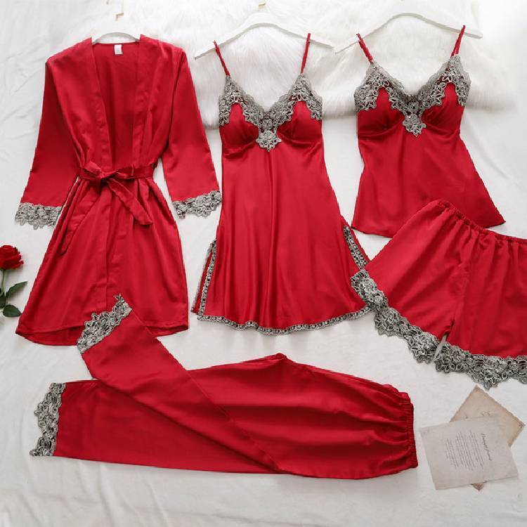 Women's 5 Pieces Pajamas Sets Silk Robe Sleep Suit Lace Satin Nightgown Neck Cami Nighties Wear Pijama Home Nightdress