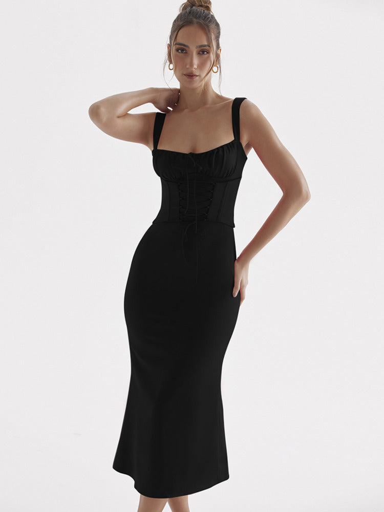 Mozision Elegant Spaghetti Strap Backless Midi Dress Women Robe 2023 New Sleeveless Lace-up Bodycon Party Long Dress Vestido