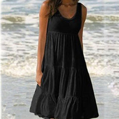 Womenl O Neck Sleeveless Ruffles Mini Dress Boho Solid Beach Sundress Oversized Loose Dress 2023 Summer