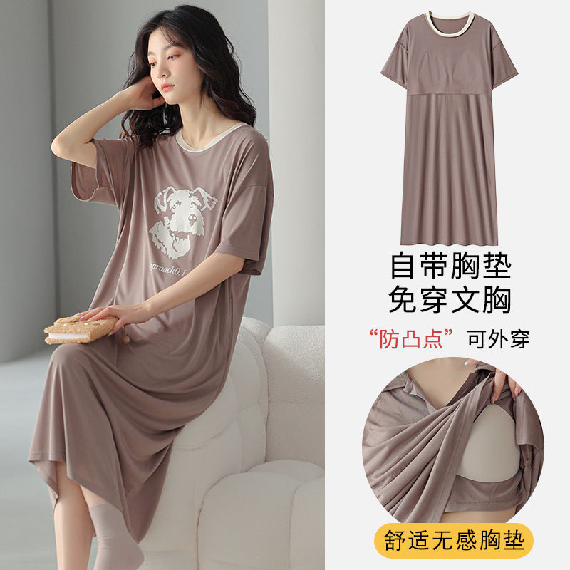 Xia Ke wears anti-burst nightdress with chest pad women's new simple casual modal home service solid color cotton pajamas