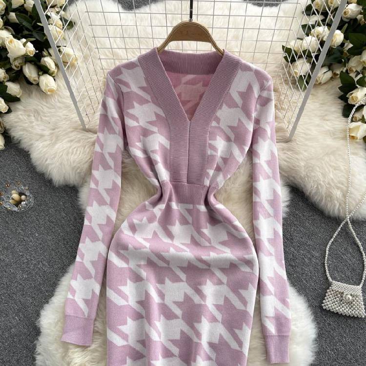 ALPHALMODA New Dress Autumn 2021 Houndstooth Knitted Long sleeved Dress V neck Slim Fit Bodycon Female Chic Fashion Dress