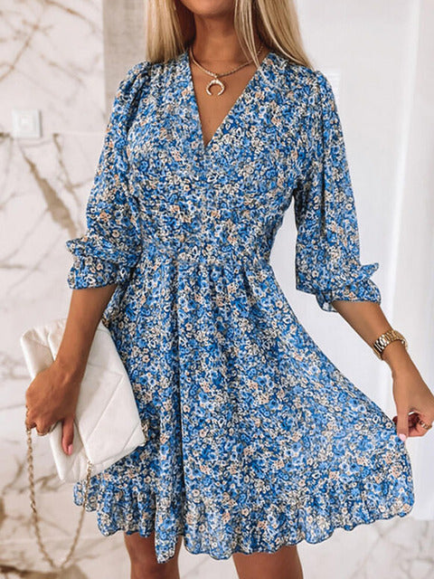 Women Floral Print Dress 2023 New Summer Sexy V-Neck Boho Half Sleeve A-Line Short Dress Female Elegant Beach Dresses Vestidos