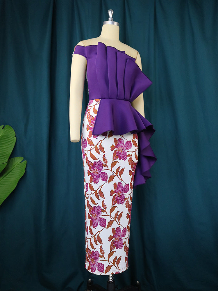 AOMEI Purple Dress Printed Patchwork One Shoulder Ruffles Bodycon Women Evening Birthday Party Event Gowns Large