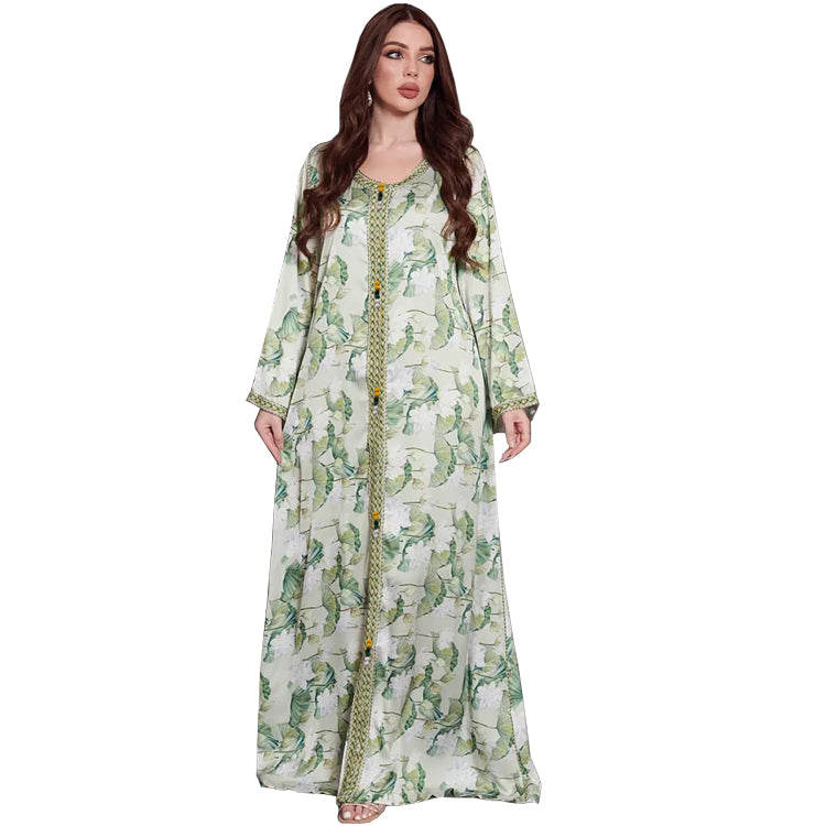 New Middle East  Plus Size Lotus  Print Dress Arab Traditional Women's Robe Jalabiya Dubai Qatar