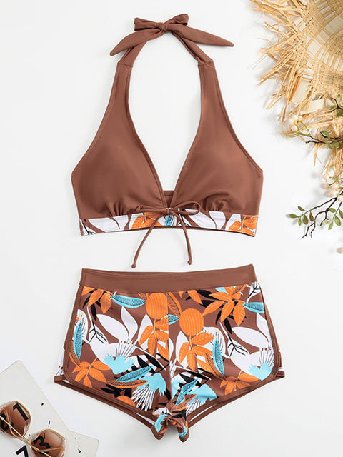2023 Halter Bikini Set Short Swimsuit Women High Waist Swimwear Female Printed Bathers Swimming Bathing Swim Suit Beachwear