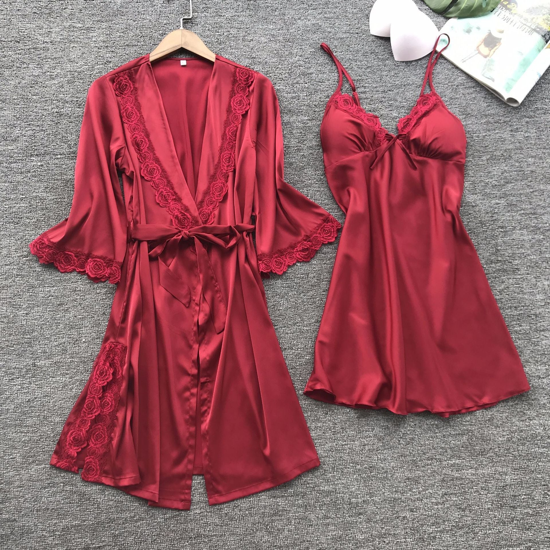 Sexy Ladies Pajamas Lace Temptation Sling Nightdress + Long Sleeve Bathrobe Bathrobe Home Service Set