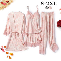 4pcs/Set New Sexy Lace Womens Kimono Pajamas Sets Robe Bath Gown Strap Top Shorts Sleepwear Lady Homewear Nightgown Suit Pijamas