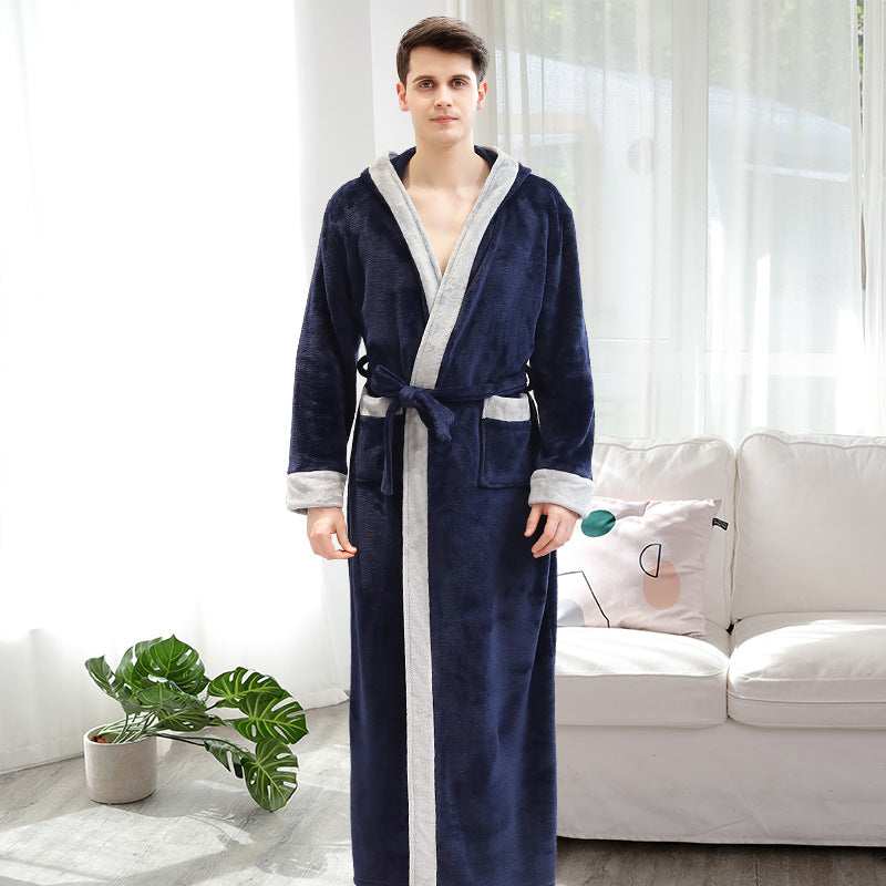 Sexy contrast color hooded bathrobe autumn and winter flannel coral fleece men's nightgown thickened and lengthened couple bathrobes women