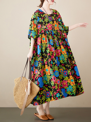 Simple bohemian dress 2023 summer new pastoral style extra wide short-sleeved large  dress