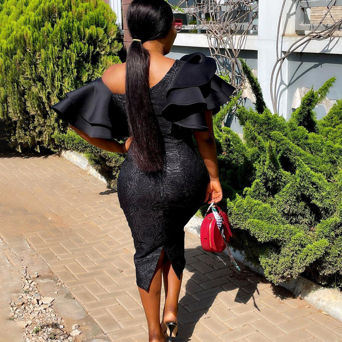 Off-the-shoulder temperament Tongle lace stitching high waist banquet dress skirt African dress