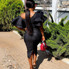 Off-the-shoulder temperament Tongle lace stitching high waist banquet dress skirt African dress