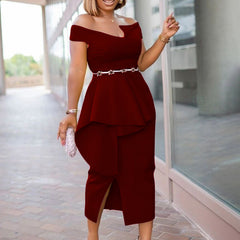 Women's solid color pleated puff sleeve fishtail long skirt European and American dress skirt