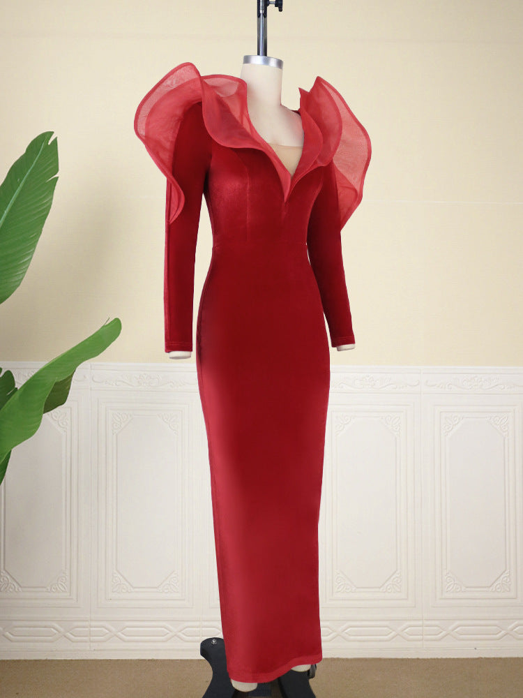 AOMEI Velvet Dress Women Red Christmas Evening Party Deep V Neck Ruffles Long Sleeve High Waist Bodycon Cocktail Event Gowns