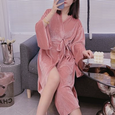 Autumn and winter women's thick warm fashion single robe long gold velvet nightgown